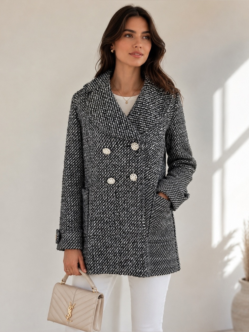 Suzy Shier Size L Black White Tweed Pearl Button Coat Chic
